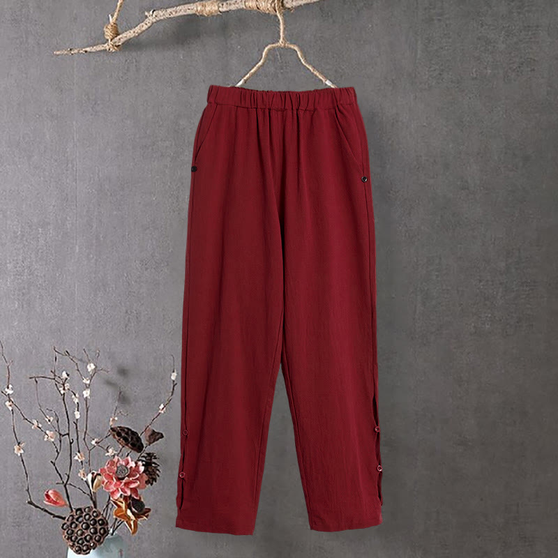 Buddha Stones Casual Pure Color Hollow Button Cuff Design Women's Cotton Linen Pants With Pockets - FireBrick - US14，UK/AU18，EU46 (3XL) - image 12