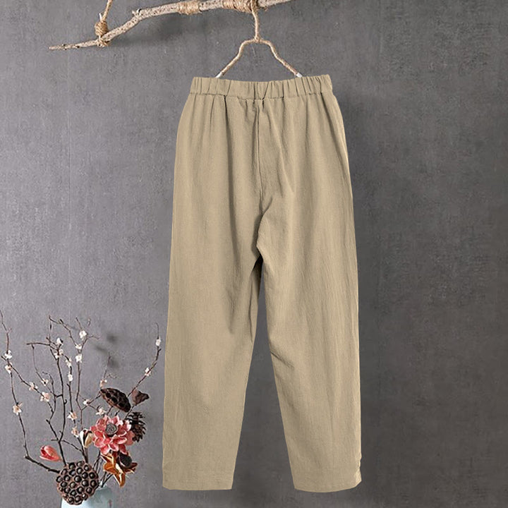 Buddha Stones Casual Pure Color Hollow Button Cuff Design Women's Cotton Linen Pants With Pockets - image 2