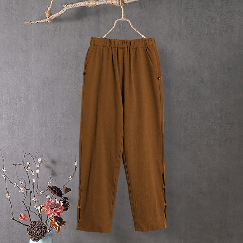 Buddha Stones Casual Pure Color Hollow Button Cuff Design Women's Cotton Linen Pants With Pockets - DarkGoldenrod - US14，UK/AU18，EU46 (3XL) - image 7