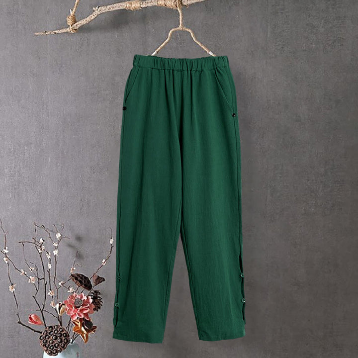 Buddha Stones Casual Pure Color Hollow Button Cuff Design Women's Cotton Linen Pants With Pockets - Green - US14，UK/AU18，EU46 (3XL) - image 19