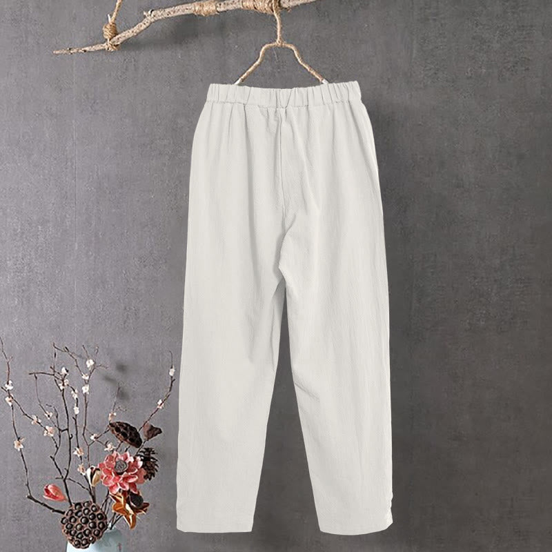Buddha Stones Casual Pure Color Hollow Button Cuff Design Women's Cotton Linen Pants With Pockets - image 11