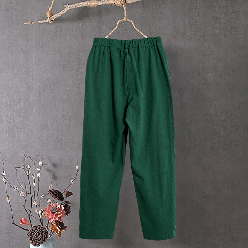 Buddha Stones Casual Pure Color Hollow Button Cuff Design Women's Cotton Linen Pants With Pockets - image 20