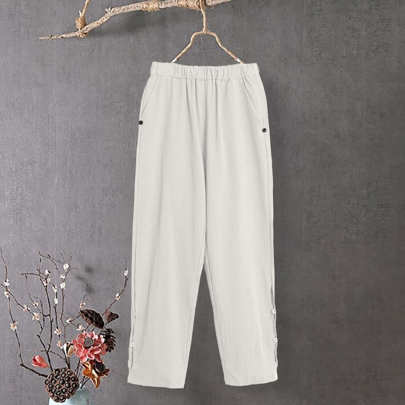 Buddha Stones Casual Pure Color Hollow Button Cuff Design Women's Cotton Linen Pants With Pockets - White - US14，UK/AU18，EU46 (3XL) - image 10