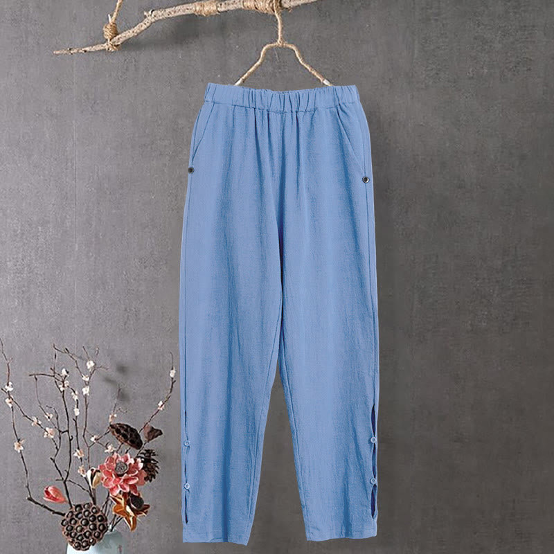 Buddha Stones Casual Pure Color Hollow Button Cuff Design Women's Cotton Linen Pants With Pockets - CornflowerBlue - US14，UK/AU18，EU46 (3XL) - image 16