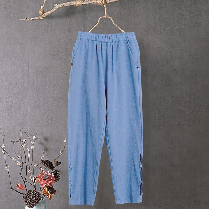 Buddha Stones Casual Pure Color Hollow Button Cuff Design Women's Cotton Linen Pants With Pockets - CornflowerBlue - US14，UK/AU18，EU46 (3XL) - image 16