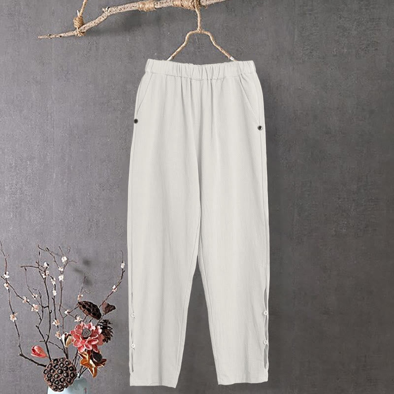 Buddha Stones Casual Pure Color Hollow Button Cuff Design Women's Cotton Linen Pants With Pockets - image 9