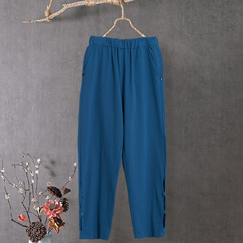 Buddha Stones Casual Pure Color Hollow Button Cuff Design Women's Cotton Linen Pants With Pockets - SteelBlue - US14，UK/AU18，EU46 (3XL) - image 25
