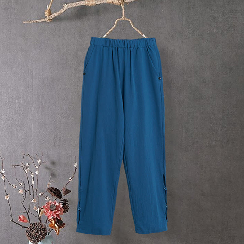 Buddha Stones Casual Pure Color Hollow Button Cuff Design Women's Cotton Linen Pants With Pockets - image 24