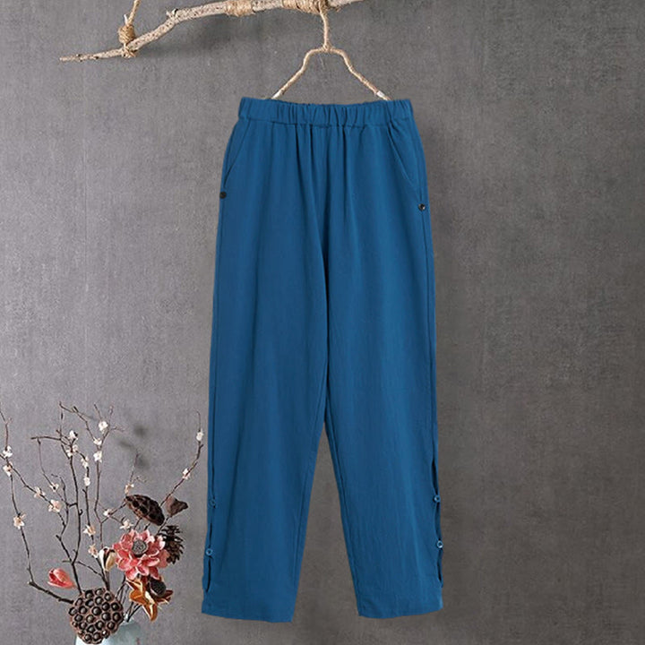 Buddha Stones Casual Pure Color Hollow Button Cuff Design Women's Cotton Linen Pants With Pockets - image 24