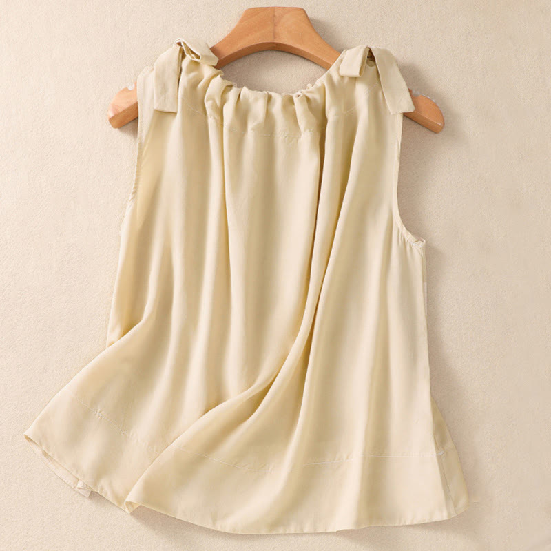 Buddha Stones Summer Solid Color Lace-up Patchwork Design Sleeveless Pleated Crew Neck Women's Cotton Vest - LemonChiffon - US12，UK/AU16，EU44 (2XL) - image 8