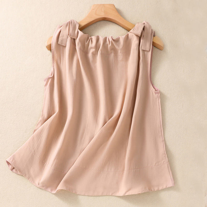 Buddha Stones Summer Solid Color Lace-up Patchwork Design Sleeveless Pleated Crew Neck Women's Cotton Vest - DarkSalmon - US12，UK/AU16，EU44 (2XL) - image 0