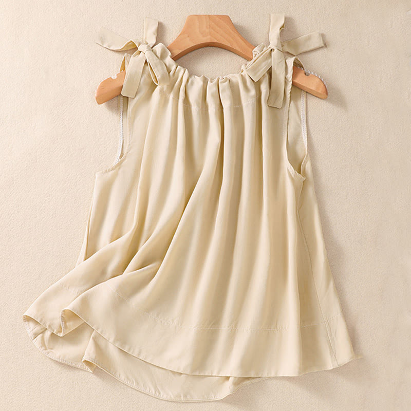 Buddha Stones Summer Solid Color Lace-up Patchwork Design Sleeveless Pleated Crew Neck Women's Cotton Vest - image 9