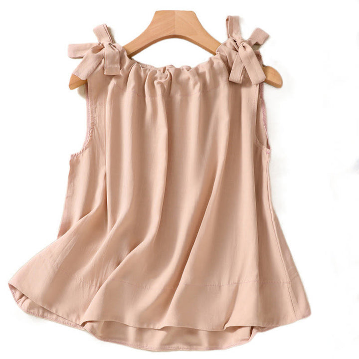 Buddha Stones Summer Solid Color Lace-up Patchwork Design Sleeveless Pleated Crew Neck Women's Cotton Vest - image 7