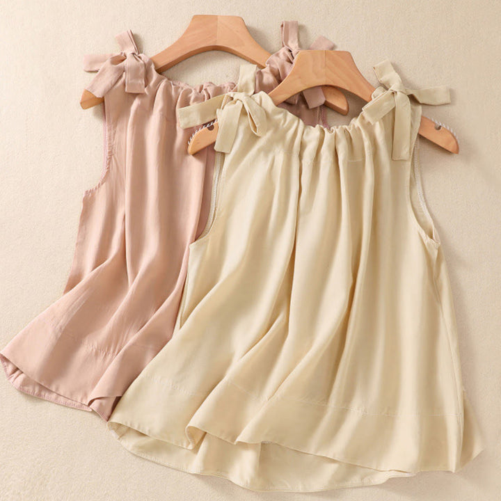Buddha Stones Summer Solid Color Lace-up Patchwork Design Sleeveless Pleated Crew Neck Women's Cotton Vest - image 15