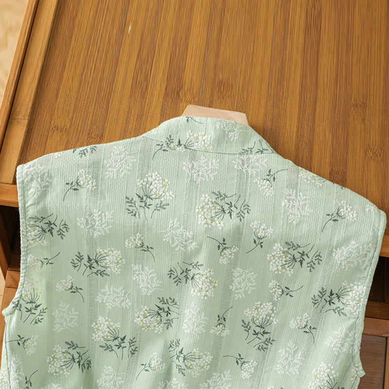 Buddha Stones Retro Printing Floral Plant Pattern Chinese Frog-Button Design Women's Cotton Sleeveless Vest - image 20