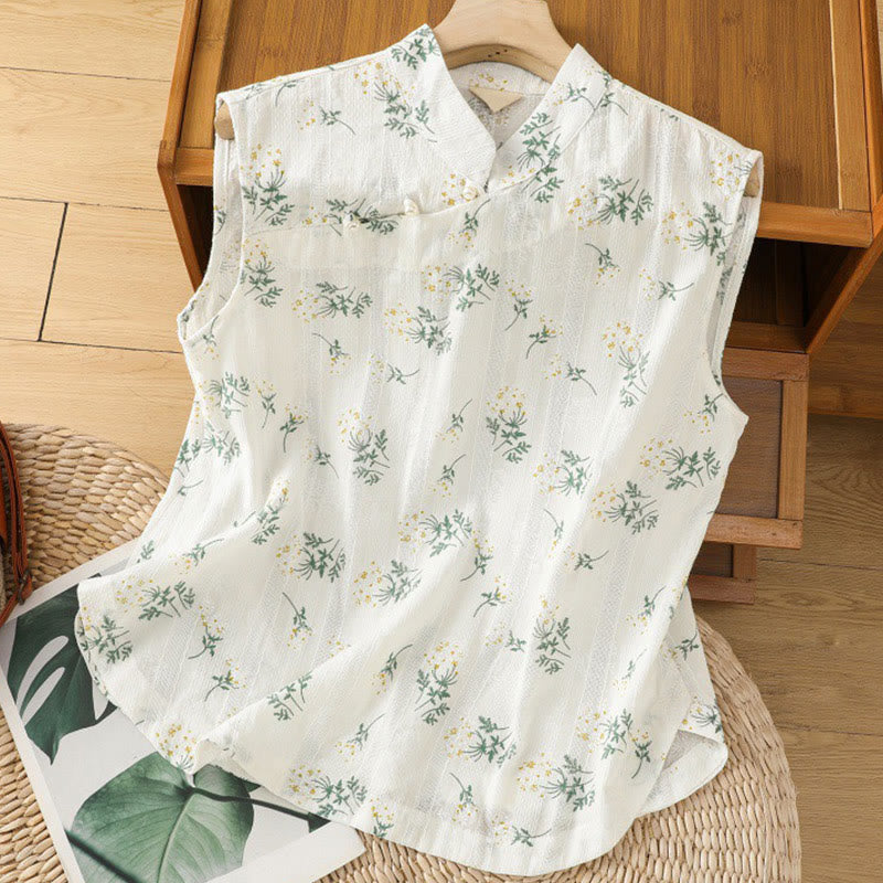 Buddha Stones Retro Printing Floral Plant Pattern Chinese Frog-Button Design Women's Cotton Sleeveless Vest - White - US8-10，UK/AU12-14，EU40-42 (2XL) - image 0