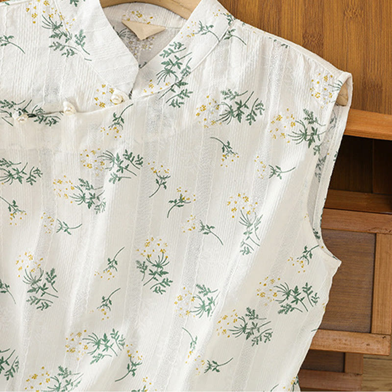 Buddha Stones Retro Printing Floral Plant Pattern Chinese Frog-Button Design Women's Cotton Sleeveless Vest - image 4