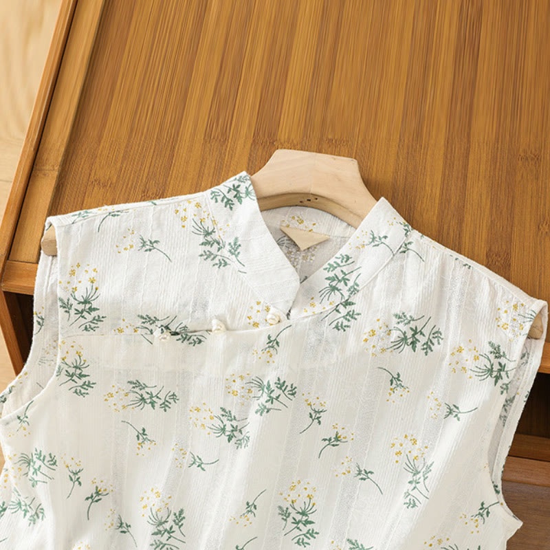 Buddha Stones Retro Printing Floral Plant Pattern Chinese Frog-Button Design Women's Cotton Sleeveless Vest - image 2