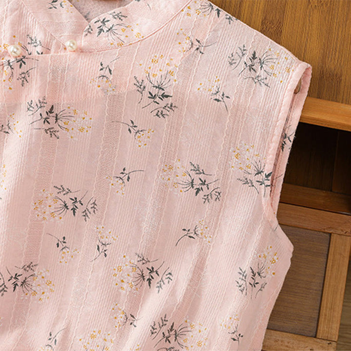 Buddha Stones Retro Printing Floral Plant Pattern Chinese Frog-Button Design Women's Cotton Sleeveless Vest - image 14