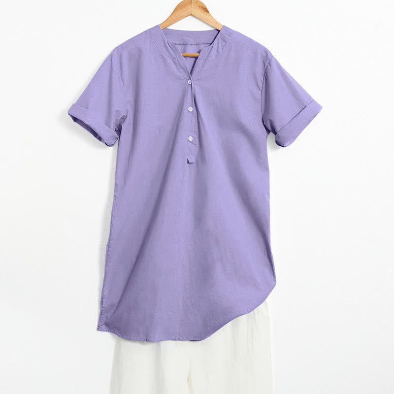Buddha Stones Casual Plain Button Notched Collar Women's Short Sleeve Shirt - MediumOrchid - US20，UK/AU24，EU52 (5XL) - image 0