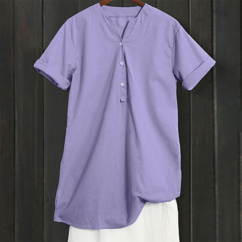 Buddha Stones Casual Plain Button Notched Collar Women's Short Sleeve Shirt - image 1