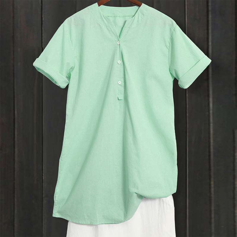 Buddha Stones Casual Plain Button Notched Collar Women's Short Sleeve Shirt - image 27
