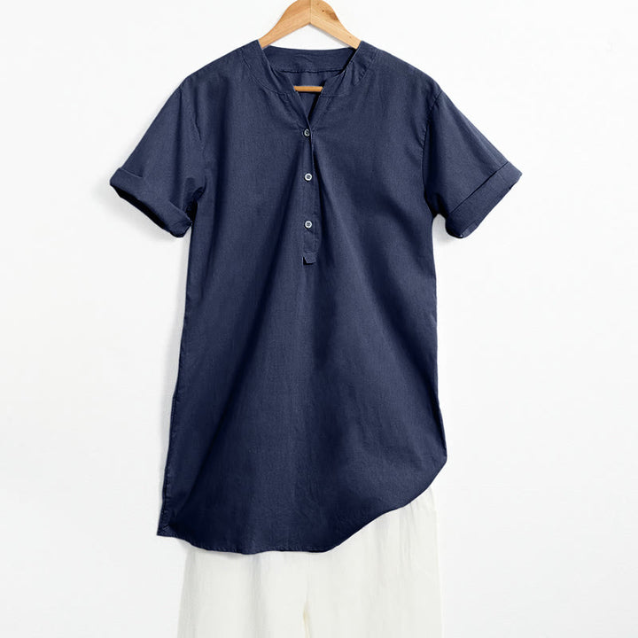 Buddha Stones Casual Plain Button Notched Collar Women's Short Sleeve Shirt - Navy - US20，UK/AU24，EU52 (5XL) - image 55