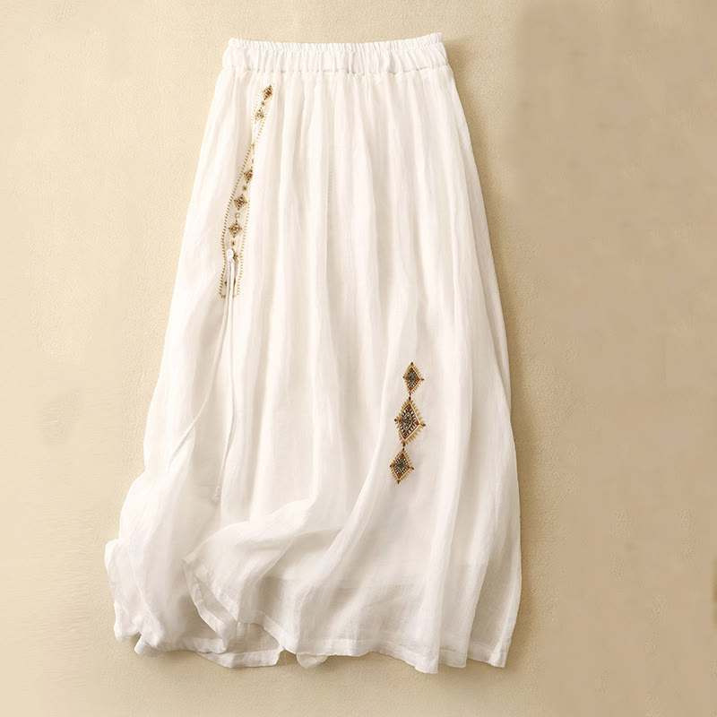 Buddha Stones Ethnic Vintage Embroidery Button Design Women's Cotton Linen 7-8 Length Skirt - White - US8-10，UK/AU12-14，EU40-42 (2XL) - image 6
