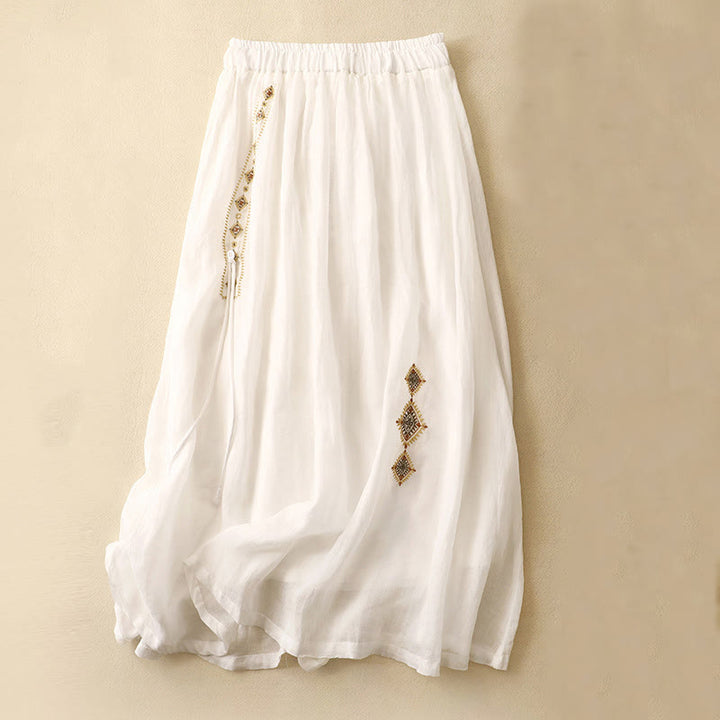 Buddha Stones Ethnic Vintage Embroidery Button Design Women's Cotton Linen 7-8 Length Skirt - White - US8-10，UK/AU12-14，EU40-42 (2XL) - image 6