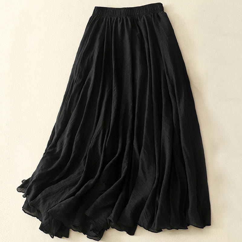 Buddha Stones Spring Casual Solid Color Pleated Women's Cotton Linen 7-8 Length Ruffle Skirt - Black - US8-10，UK/AU12-14，EU40-42 (2XL) - image 6