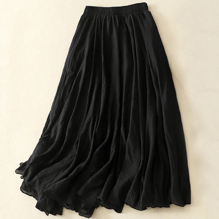 Buddha Stones Spring Casual Solid Color Pleated Women's Cotton Linen 7-8 Length Ruffle Skirt - Black - US8-10，UK/AU12-14，EU40-42 (2XL) - image 6