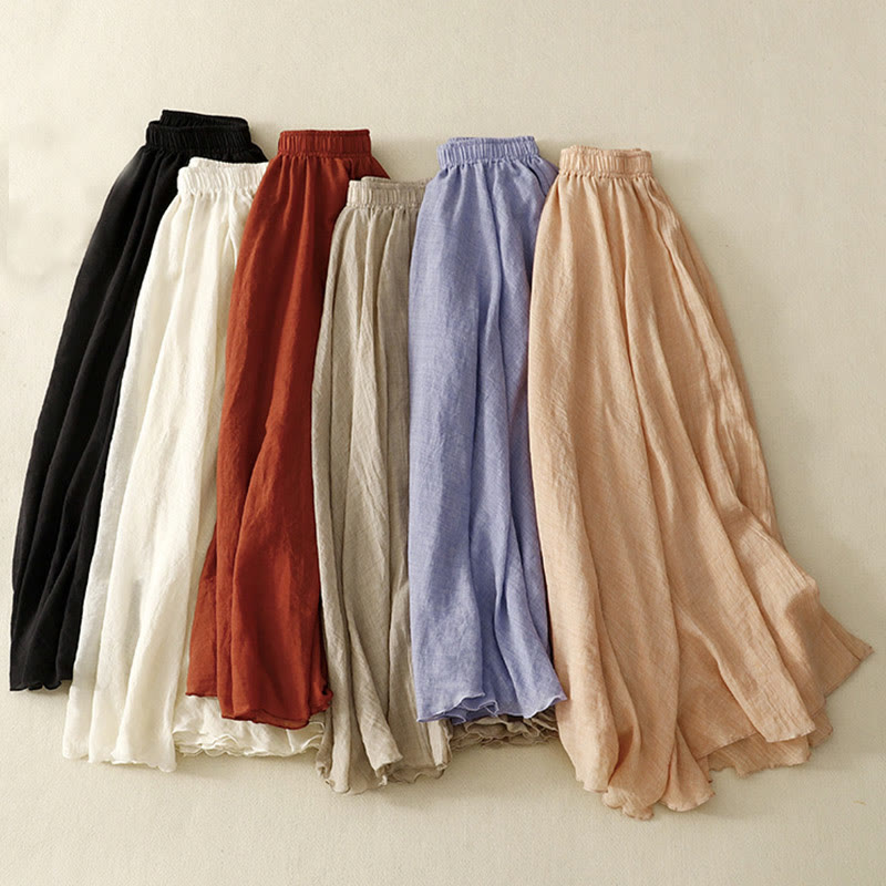 Buddha Stones Spring Casual Solid Color Pleated Women's Cotton Linen 7-8 Length Ruffle Skirt - image 29
