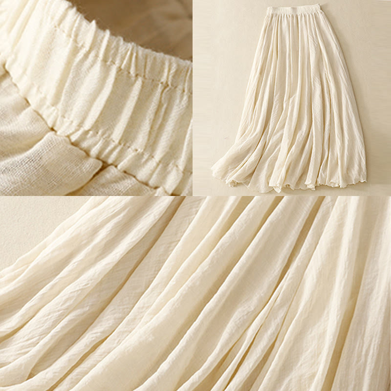 Buddha Stones Spring Casual Solid Color Pleated Women's Cotton Linen 7-8 Length Ruffle Skirt - image 5