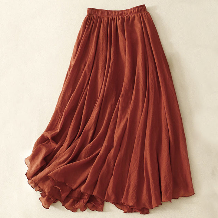 Buddha Stones Spring Casual Solid Color Pleated Women's Cotton Linen 7-8 Length Ruffle Skirt - FireBrick - US8-10，UK/AU12-14，EU40-42 (2XL) - image 11