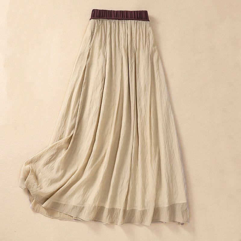 Buddha Stones Casual Contrasting Color Pleated Lace-Up Design Women's Cotton Linen 7-8 Length Skirt
