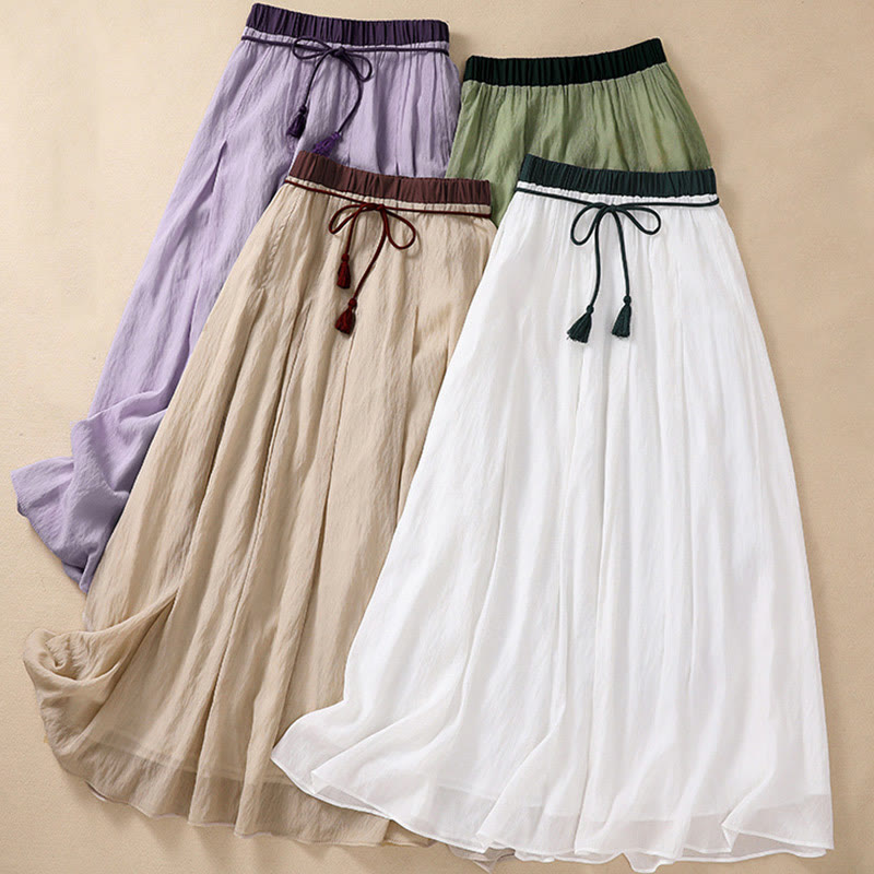Buddha Stones Casual Contrasting Color Pleated Lace-Up Design Women's Cotton Linen 7-8 Length Skirt