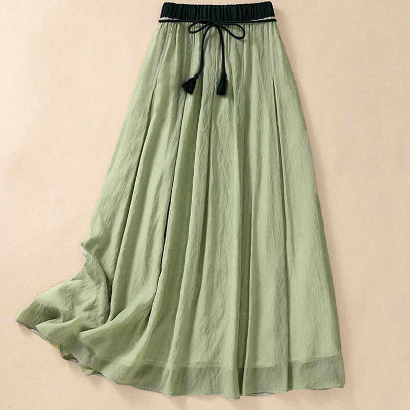 Buddha Stones Casual Contrasting Color Pleated Lace-Up Design Women's Cotton Linen 7-8 Length Skirt - image 24