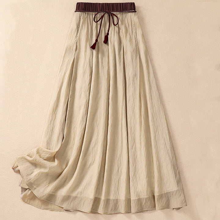 Buddha Stones Casual Contrasting Color Pleated Lace-Up Design Women's Cotton Linen 7-8 Length Skirt - PaleGoldenrod - US8-10，UK/AU12-14，EU40-42 (2XL) - image 0