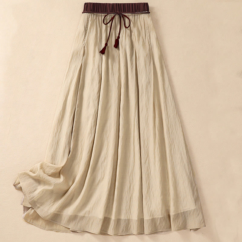 Buddha Stones Casual Contrasting Color Pleated Lace-Up Design Women's 7-8 Length Skirt - PaleGoldenrod - US8-10，UK/AU12-14，EU40-42 (2XL) - image 0