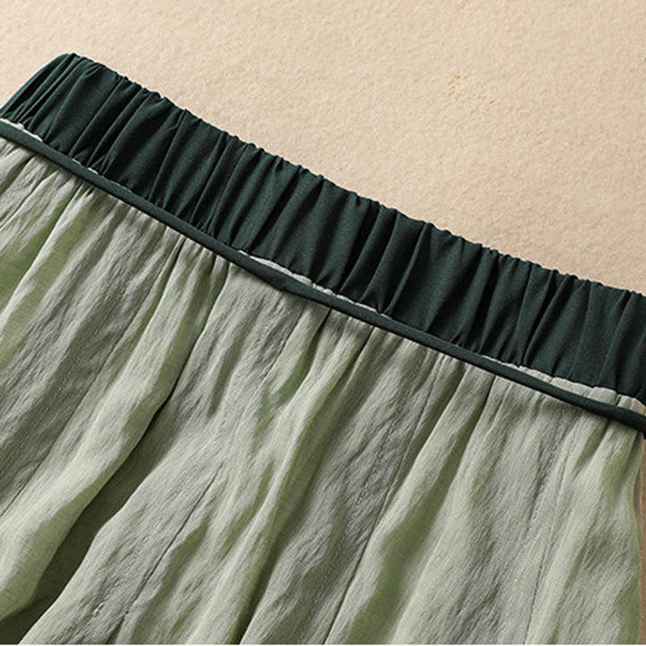 Buddha Stones Casual Contrasting Color Pleated Lace-Up Design Women's Cotton Linen 7-8 Length Skirt
