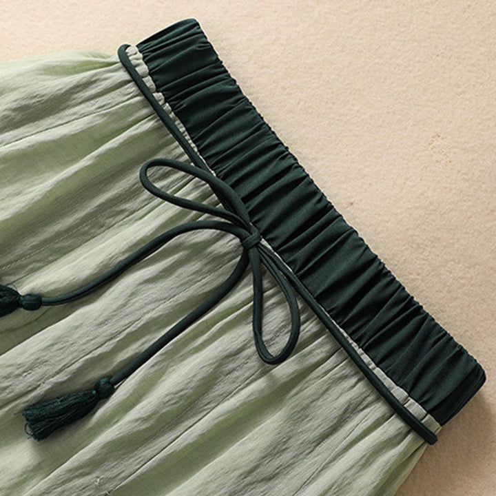 Buddha Stones Casual Contrasting Color Pleated Lace-Up Design Women's Cotton Linen 7-8 Length Skirt - image 25