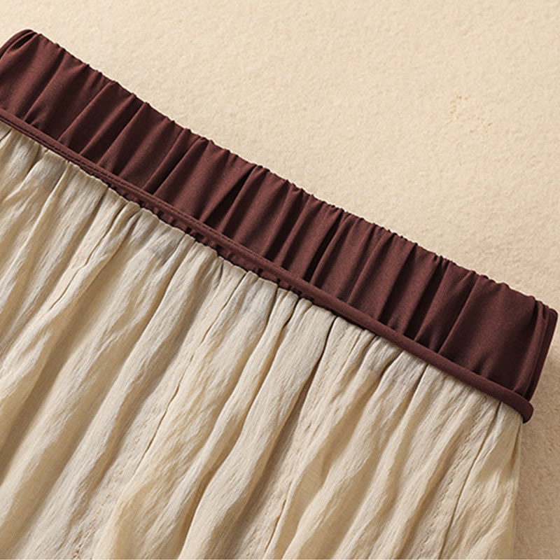 Buddha Stones Casual Contrasting Color Pleated Lace-Up Design Women's Cotton Linen 7-8 Length Skirt - image 4