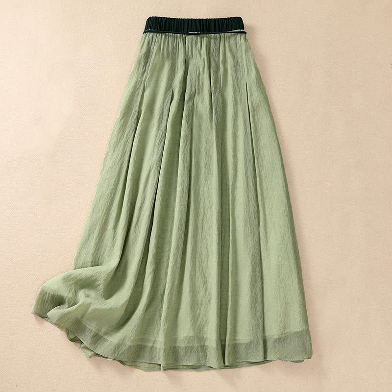 Buddha Stones Casual Contrasting Color Pleated Lace-Up Design Women's Cotton Linen 7-8 Length Skirt - LightGreen - US8-10，UK/AU12-14，EU40-42 (2XL) - image 23