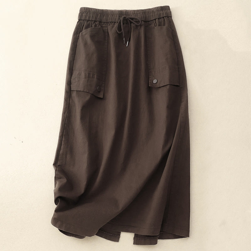 Buddha Stones Vintage Plain Drawstring Button Design Slide Slite Women's Cotton Linen 7-8 Length Skirt With Pockets - SaddleBrown - US8-10，UK/AU12-14，EU40-42 (2XL) - image 11