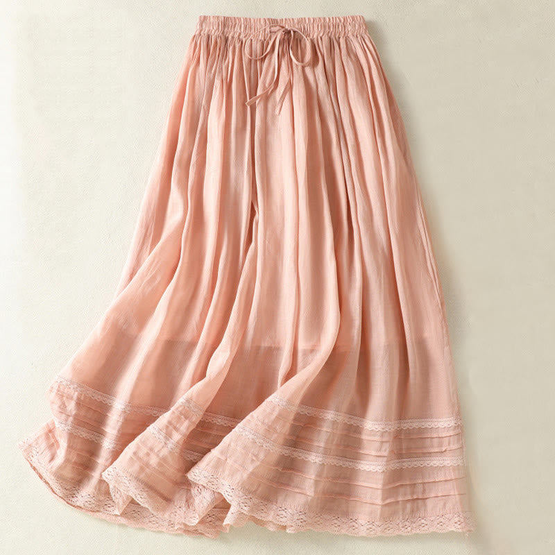 Buddha Stones Summer Plain Drawstring Lace Patchwork Design Women's 7-8 Length Skirt - LightSalmon - US8-10，UK/AU12-14，EU40-42 (2XL) - image 0