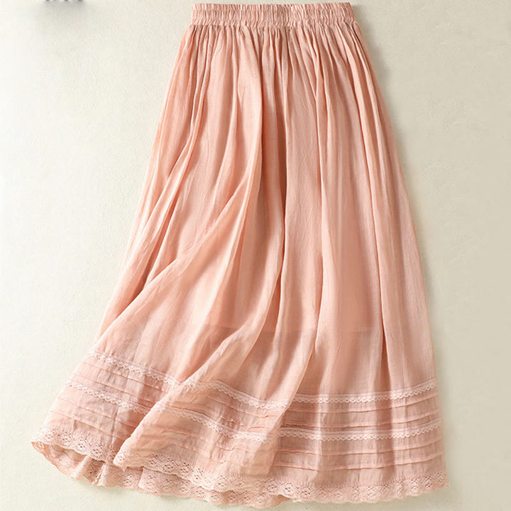 Buddha Stones Summer Plain Drawstring Lace Patchwork Design Women's Cotton Linen 7-8 Length Skirt - image 1