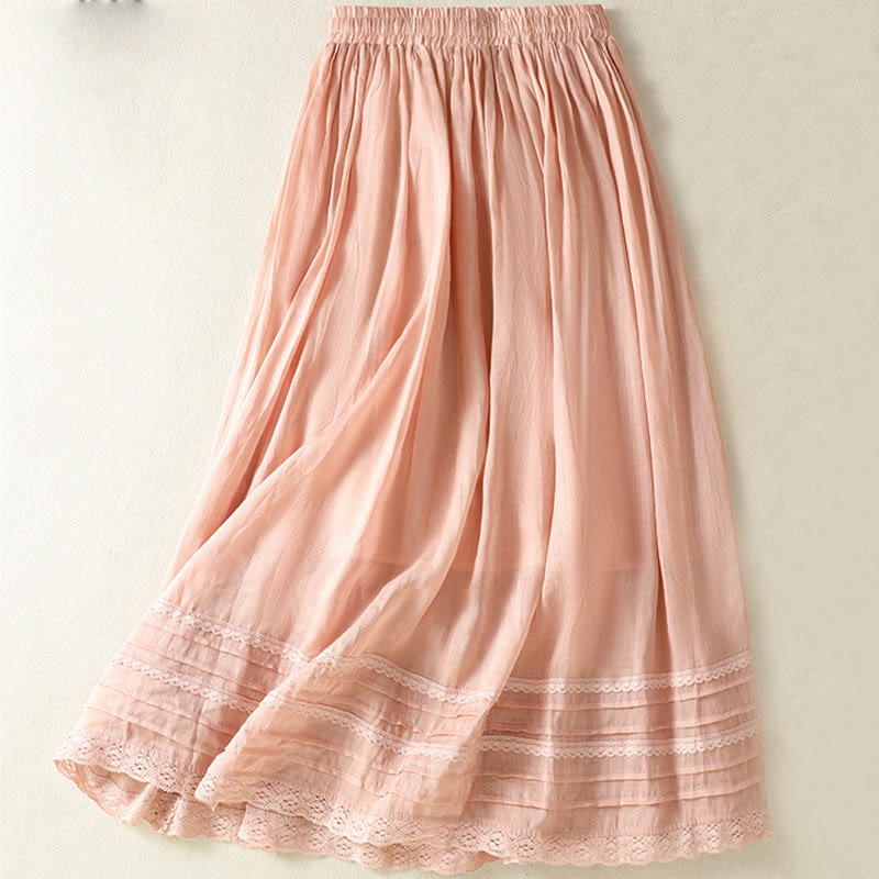 Buddha Stones Summer Plain Drawstring Lace Patchwork Design Women's Cotton Linen 7-8 Length Skirt