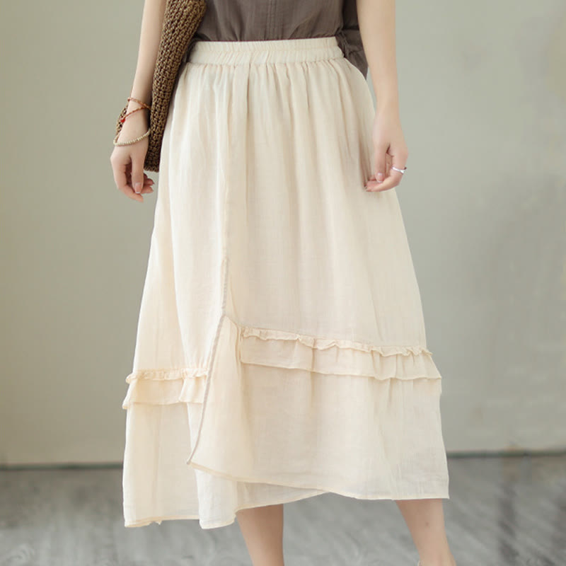 Buddha Stones Vintage Artistic Pure Color Ruffled Design Irregular Women's Cotton Linen Skirt - LightGoldenrodYellow - US8-10，UK/AU12-14，EU40-42 (2XL) - image 0