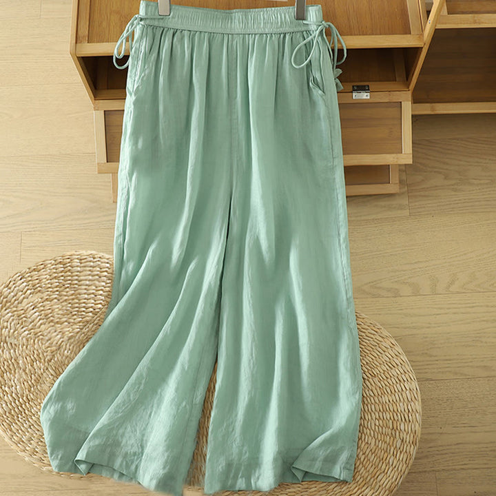 Buddha Stones Casual Plain Lined Ribbon Elastic Women's Polyester Wide Leg Pants With Pockets