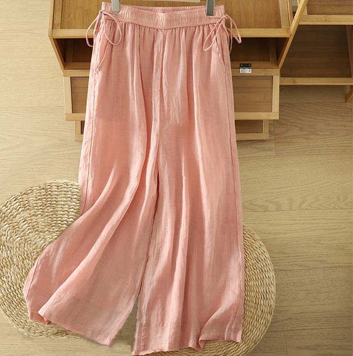 Buddha Stones Casual Plain Lined Ribbon Elastic Women's Polyester Wide Leg Pants With Pockets